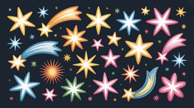 Colorful cartoon stars and streaking comets illustrate a lively celestial event, perfect for joyous celebrations and magical themes