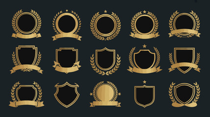 A diverse collection of elegant golden badges, emblems, heraldry, and shield designs adorned with laurels and ribbons, perfect for premium branding and recognition.