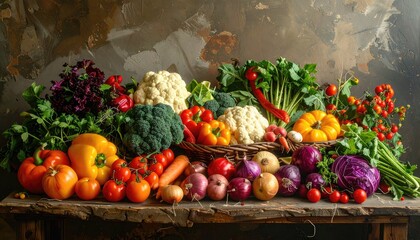 Abundant Assortment Of Fresh Vibrant Raw Vegetables Arranged On A Rustic Wooden Tabletop With A Textured Wall Backdrop Creating A Healthy Food Still Life Scene
