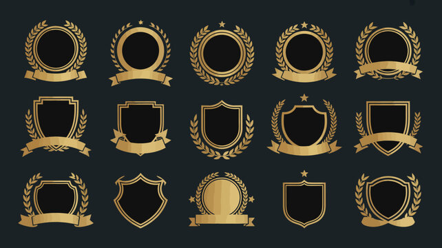 A diverse collection of elegant golden badges, emblems, heraldry, and shield designs adorned with laurels and ribbons, perfect for premium branding and recognition.