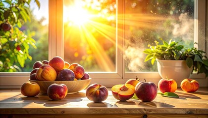 Abundant Fresh Ripe Fruits Sit On A Wooden Table Bathed In Warm Golden Sunlight Streaming Through A Window With Lush Greenery Outside
