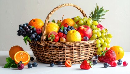 Abundant Wicker Basket Overflowing With Fresh Ripe Fruits Oranges Grapes Apples Strawberries And Blueberries In Studio Lighting