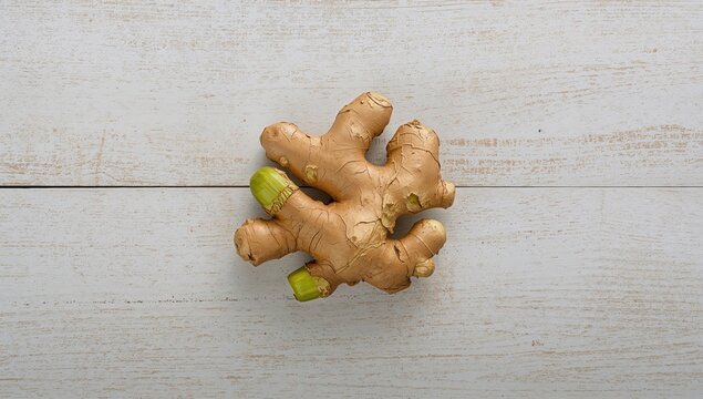 Natural ginger rhizome on a wooden surface, health, plant, organic, vegetable, nutrition, isolated on white