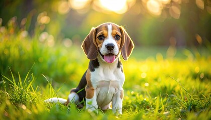 Adorable Beagle Puppy Sits in Lush Green Grass with Golden Sunlight Filtering Through Leaves Creating a Bokeh Effect