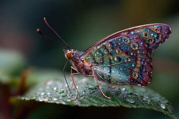 Beautiful Butterfly with Dew Drops on a Leaf.