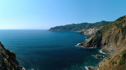 Fototapeta premium Coastal village panorama, Mediterranean sea, cliffs, summer