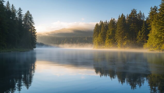 Misty lake at dawn in a tranquil setting, highlighting seasonal change