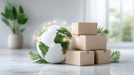 E commerc green globe with stacked shipping box and leaves symbolizing sustainable delivery