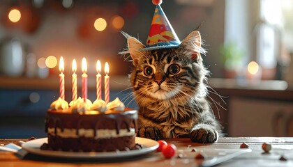 Adorable Maine Coon Cat Wearing Party Hat Celebrates Birthday With Chocolate Cake And Candles Indoors With Soft Bokeh Lights