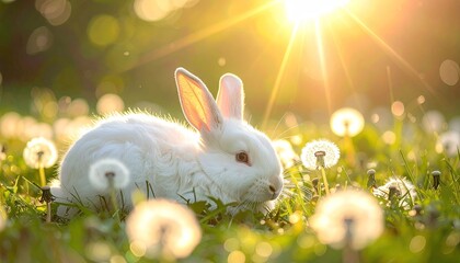 Adorable White Rabbit Sits in a Sunlit Meadow Surrounded by Dandelions During Golden Hour Soft Bokeh Background