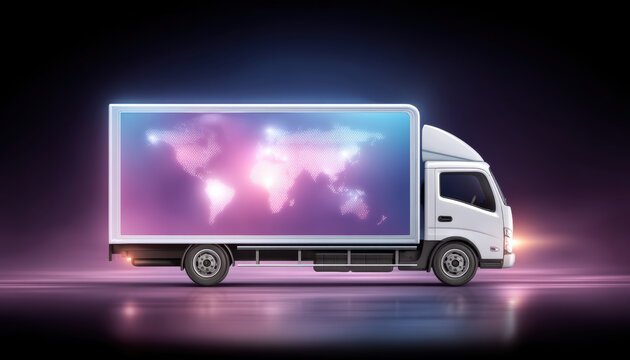 E commerc delivery truck with illuminated world map on trailer glowing purple and blue