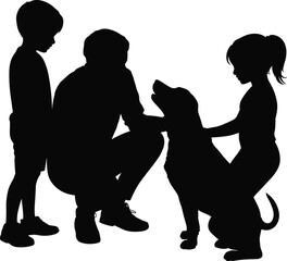 family silhouette, adult with children, dog sitting pose, pet interaction scene, black vector art, caring moment clipart svg