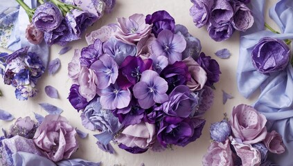 Violet flowers collage with fabric patterns, suitable for textile design,