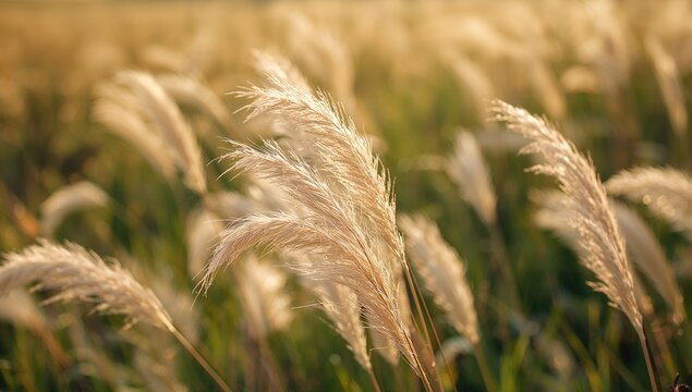 Close-up of gentle, decorative grass swaying in the breeze, a serene backdrop for relaxation