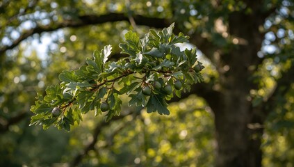 Fototapeta premium Oak branch adorned with green leaves and acorns under bright sunlight, rich in natural detail