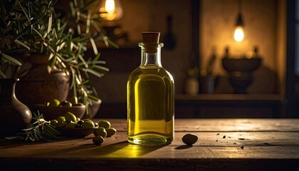 Aged Rustic Wooden Table Showcases Golden Olive Oil In Clear Glass Bottle With Cork Stopper And Fresh Olives Beside Green Branch Soft Warm Lighting