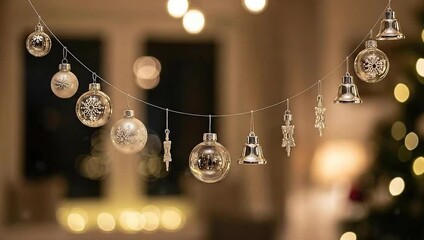 Hanging Christmas Ornaments and Snowflakes on String Indoors