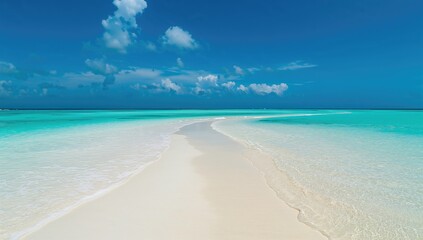 Fototapeta premium White sandy beach under a clear blue sky with a turquoise lagoon, ideal for relaxation and leisure