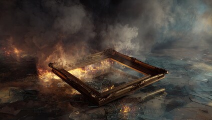 A weathered frame in flames sits on a shattered surface amidst smoke and swirling chaos