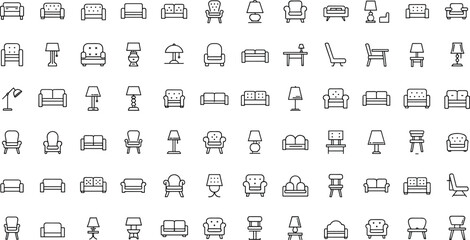 Furniture icons collection featuring sofas, chairs, lamps, interior decor elements, home seating designs, living room furnishings and modern household symbols