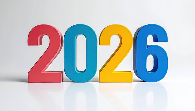Bold Colorful 3D Numbers Representing the Year 2026 Against a Clean White - Powered by Adobe