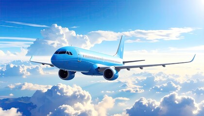 Obraz premium Bright Blue Airplane Soars Through a Sunny Sky Above White Fluffy Clouds on a Clear Day