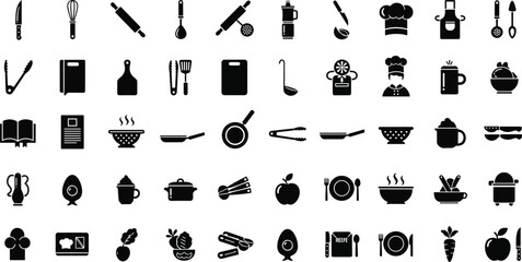 Kitchen cooking utensil icons set, food preparation symbols, chef elements, restaurant tools collection, culinary equipment silhouette design