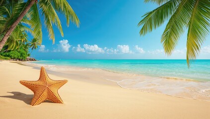 Fototapeta na wymiar Tropical beach featuring a sea star on the sand, ideal backdrop for summer vacation themes.