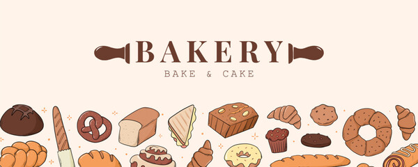 Bakery banner decorated with cute colorful doodles. Good for logos, prints, cards, posters, social media decor. EPS 10