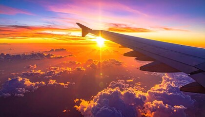 Airplane Wing Flying Through Golden Sunset Clouds Above Ocean During Travel