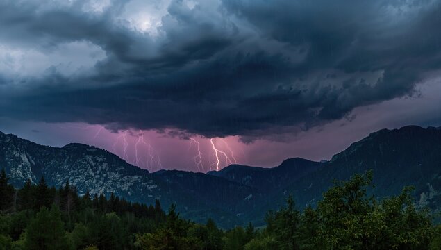 Lightning Strikes Over the Mountain Range, highlighting the power of nature - Powered by Adobe