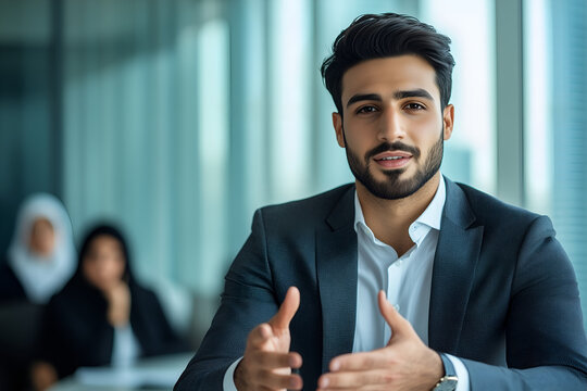 Confident businessman leading a team meeting in a modern glass office, presenting ideas and strategies for growth and success in a global market today