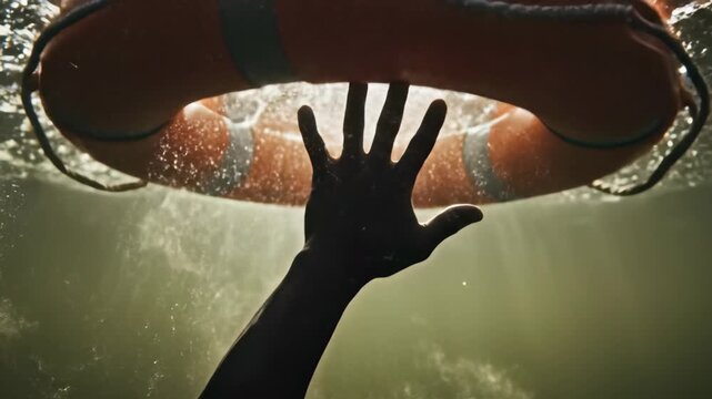 Underwater view of a reaching hand grasping for a lifebuoy, surrounded by bubbles and sunlight, concept for maritime safety, emergency response andsurvival skills training