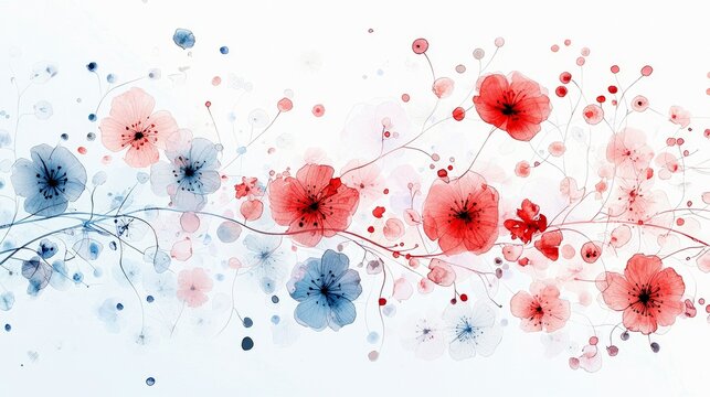 A delicate and airy floral pattern featuring watercolor flowers in soft red and blue tones against a clean white background.