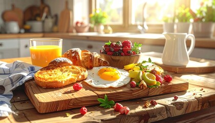 Bright Morning Breakfast Spread With Sunny Side Up Egg Croissants Fresh Berries And Orange Juice Bathed In Golden Sunlight