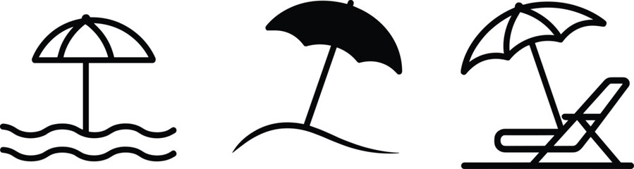 Black Beach Umbrella Icon Vector with Lounge Chair, Waves, Sand Curve, Minimalist Summer Vacation Design for Travel, Holiday, and Leisure