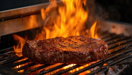 Grilled beef steak cooking on an open flame, protein-rich meal