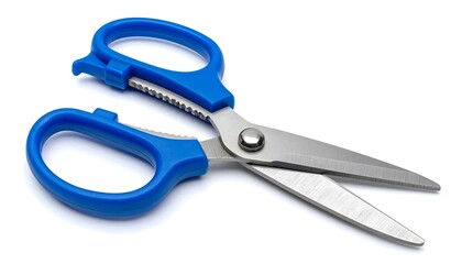 Blue-handled scissors with open stainless steel blades and serrated edge on white background