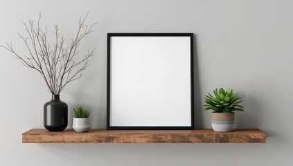 Mock up of black square frame displaying potted plants and branch decor, suitable for editorial header background