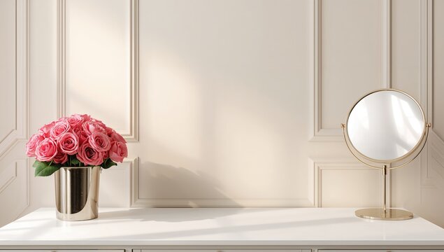 Realistic 3D render for beauty products display backdrop, minimalist ivory beige dressing table with round mirror, fresh pink roses in luxury bucket bouquet, Kbeauty