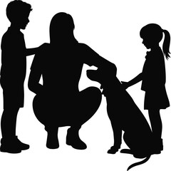 Silhouette family with children and dog interacting together, caring mother bonding outdoors, happy childhood moment in simple illustration