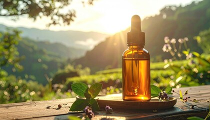 Amber glass dropper bottle filled with golden oil rests on a wooden surface overlooking lush green terraced hillsides during a warm golden hour sunrise with sun rays breaking through the foliage