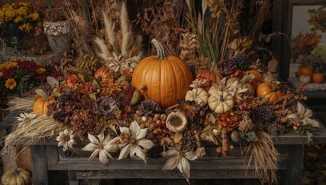 Stylish autumn decorations featuring pumpkin and straw elements, seasonal decor