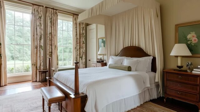 A cozy and elegant neoclassical house style bedroom featuring a large bed with white linens, a wooden headboard, and soft curtains. 