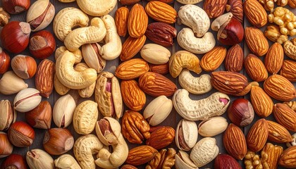 An Assortment of Various Nuts Including Cashews Almonds Pistachios Walnuts and Hazelnuts Arranged In A Flat Lay On A Wooden Surface