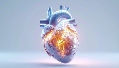 Anatomical Heart Model Glowing With Warm Orange Light Emanating From Within Against A Cool Blueish Grey Studio Background With Subtle Lighting Effects