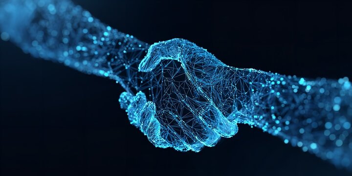 Digital handshake illustration symbolizing partnership agreement and technology with glowing blue lines and connections on a dark background
