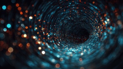 Abstract swirling tunnel with colorful lights.