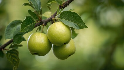 Three eco-friendly apples on a tree branch, suitable for culinary applications, Earth Day