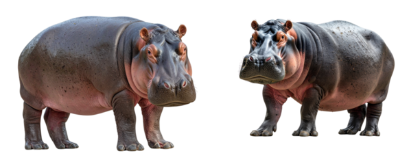 Alert Hippopotamus Standing Upright with Slight Head Tilt, Studio-Lit Animal Portrait, Transparent Background png.
